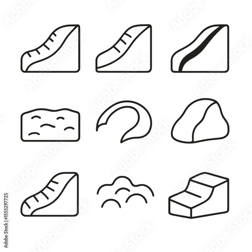 Moraine Iconography. Line style icons of Moraine Types: terminal moraine ridge, lateral moraine bank, medial moraine stripe,
