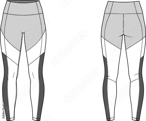 Women's color block active leggings CAD flat sketch, front and back view technical drawing, athleticwear fashion vector illustration template