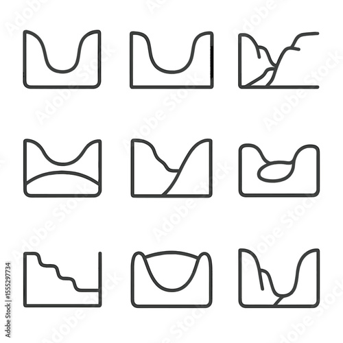 Valley Forms Icons. Line style icons of Valley Forms: U-shaped valley, trough floor, hanging tributary, valley floor plain,