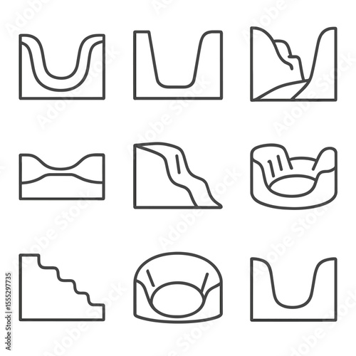 Valley Forms Icons. Line style icons of Valley Forms: U-shaped valley, trough floor, hanging tributary, valley floor plain,