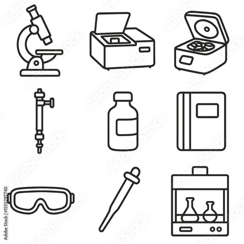 Research Equipment Icons. Line style icons of Research Laboratory Gear: microscope, spectrometer, centrifuge, chromatography