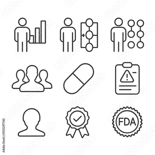 Clinical Trial Icons. Line style icons of Clinical Trial Phases: Phase I icon, Phase II icon, Phase III icon, subject cohort