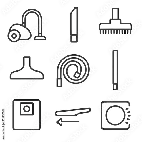 Vacuuming Tools Icons. Line style icons of Vacuuming Techniques: vacuum cleaner, crevice nozzle, brush attachment, upholstery tool
