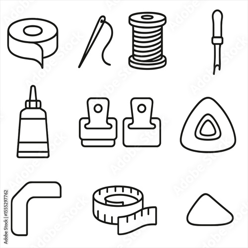 Edge Binding Repair Icons. Line style icons of Edge Binding Repair Kit: binding tape, heavy-duty needle, upholstery thread, seam