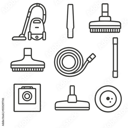 Vacuuming Tools Icons. Line style icons of Vacuuming Techniques: vacuum cleaner, crevice nozzle, brush attachment, upholstery tool