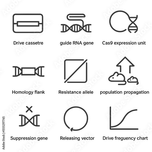 Gene Drive Icons. Line style icons of Gene Drive Constructs: drive cassette, guide RNA gene, Cas9 expression unit, homology flank,