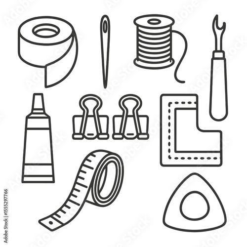 Edge Binding Repair Icons. Line style icons of Edge Binding Repair Kit: binding tape, heavy-duty needle, upholstery thread, seam