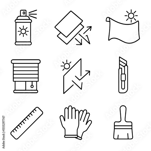 UV Protection Icons. Line style icons of UV Protection Solutions: UV-resistant finish spray, reflective underlay, sunscreen cloth,