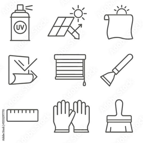 UV Protection Icons. Line style icons of UV Protection Solutions: UV-resistant finish spray, reflective underlay, sunscreen cloth,