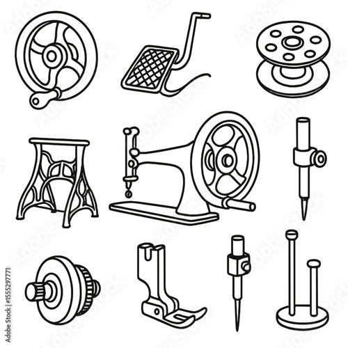 Antique Sewing Machine Icons. Line style icons of Antique Sewing Machine Components: hand crank wheel, treadle pedal, metal bobbin