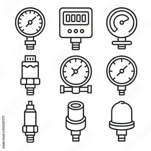 Line Style Gas Gauges. Line style icons of Gas Cylinder Pressure Gauges & Meters: analog gauge dial, digital display, bourdon tube