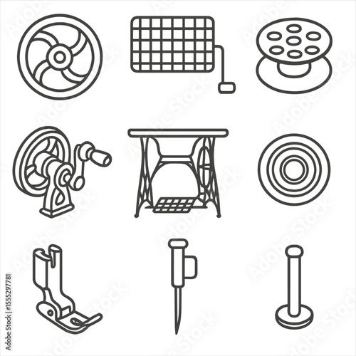 Antique Sewing Machine Icons. Line style icons of Antique Sewing Machine Components: hand crank wheel, treadle pedal, metal bobbin