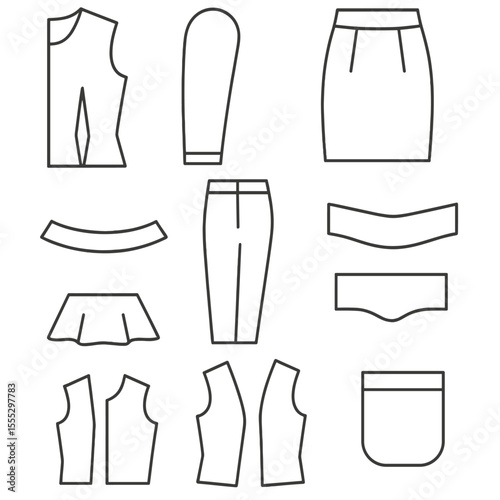 Pattern Draft Icons. Line style icons of Intergenerational Pattern Drafts: bodice block draft, sleeve block outline, skirt dart