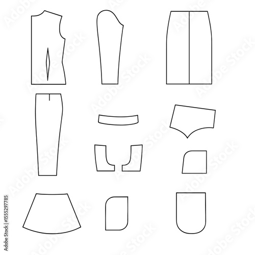 Pattern Draft Icons. Line style icons of Intergenerational Pattern Drafts: bodice block draft, sleeve block outline, skirt dart