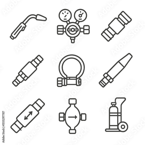 Welding Accessories Icons. Line style icons of Gas Cylinder Welding Accessories: welding torch, regulator set, hose connector,