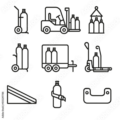 Gas Cylinder Transport Icons. Line style icons of Gas Cylinder Transport Vehicles: cylinder trolley, forklift attachment, crane