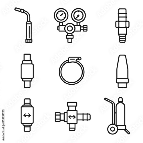 Welding Accessories Icons. Line style icons of Gas Cylinder Welding Accessories: welding torch, regulator set, hose connector,