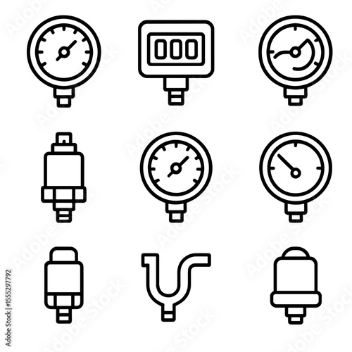 Line Style Gas Gauges. Line style icons of Gas Cylinder Pressure Gauges & Meters: analog gauge dial, digital display, bourdon tube