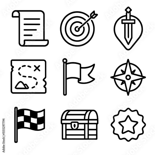 Gamification Icons. Line style icons of Gamification Challenges & Quests: scroll quest log, target icon, sword quest marker,