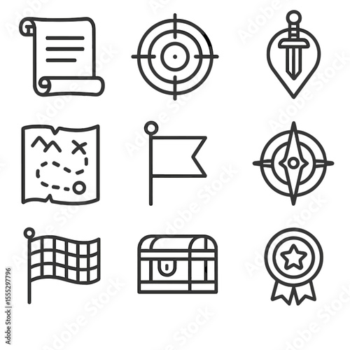 Gamification Icons. Line style icons of Gamification Challenges & Quests: scroll quest log, target icon, sword quest marker,