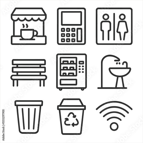 Customer Amenities Icons. Line style icons of Customer Amenity Features: coffee kiosk, ATM machine, restrooms sign, seating bench,