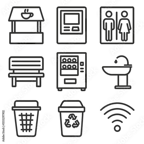 Customer Amenities Icons. Line style icons of Customer Amenity Features: coffee kiosk, ATM machine, restrooms sign, seating bench,