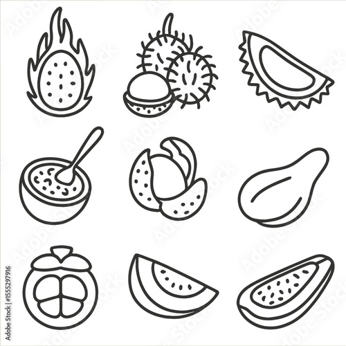 Exotic Fruit Icons. Line style icons of Exotic Fruit Prep: dragon fruit half, rambutan cluster, durian slice, passionfruit scoop,