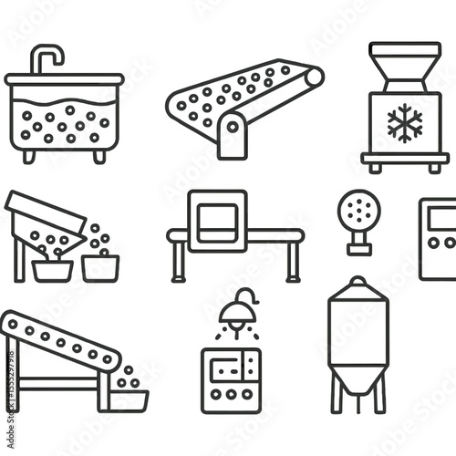 Frozen Pea Processing Icons. Line style icons of Frozen Pea Processing Equipment: blanching tank, conveyor belt with peas,