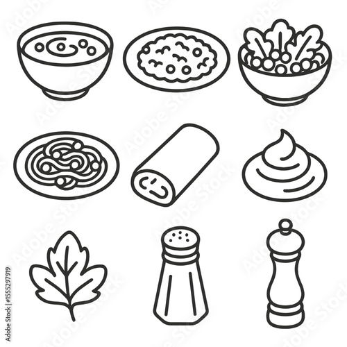 Frozen Pea Ingredient Icons. Line style icons of Frozen Pea Recipe Ingredients: pea soup bowl, risotto plate, salad bowl, pasta