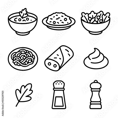 Frozen Pea Ingredient Icons. Line style icons of Frozen Pea Recipe Ingredients: pea soup bowl, risotto plate, salad bowl, pasta