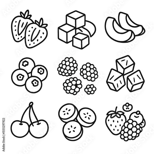 Frozen Fruit Icon Collection. Line style icons of Frozen Fruits: strawberry halves, mango cubes, peach slices, blueberry cluster,