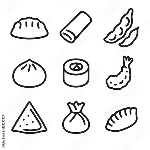 Frozen Asian Food Icons. Line style icons of Frozen Asian Foods: gyoza dumpling, spring roll, edamame pod, bao bun, sushi roll,