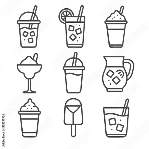Frozen Beverage Icons. Line style icons of Frozen Beverages: iced coffee cup, iced tea glass, slushy cup, frozen margarita glass,