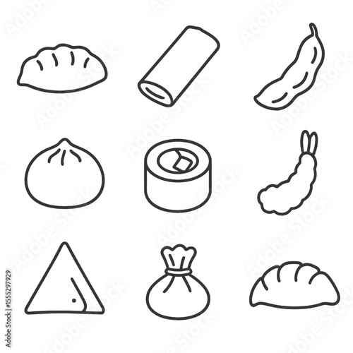 Frozen Asian Food Icons. Line style icons of Frozen Asian Foods: gyoza dumpling, spring roll, edamame pod, bao bun, sushi roll,