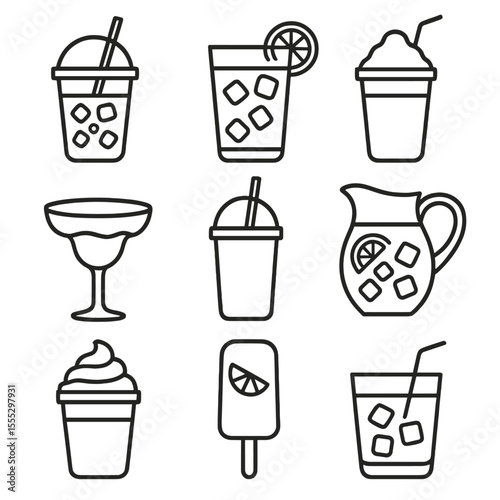 Frozen Beverage Icons. Line style icons of Frozen Beverages: iced coffee cup, iced tea glass, slushy cup, frozen margarita glass,