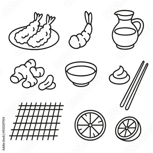 Tempura Platter Icons. Line style icons of Tempura Shrimp Platter: tempura shrimp, tail-up shrimp, dipping sauce bowl, soy sauce