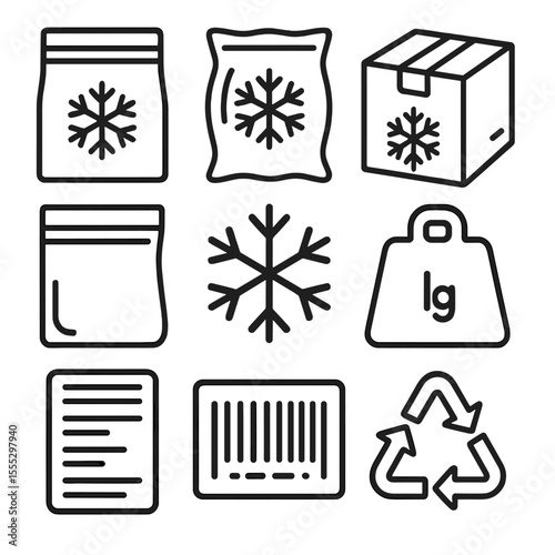Frozen Packaging Icons. Line style icons of Frozen Packaging & Storage: freezer bag, vacuum-sealed pouch, cardboard box,