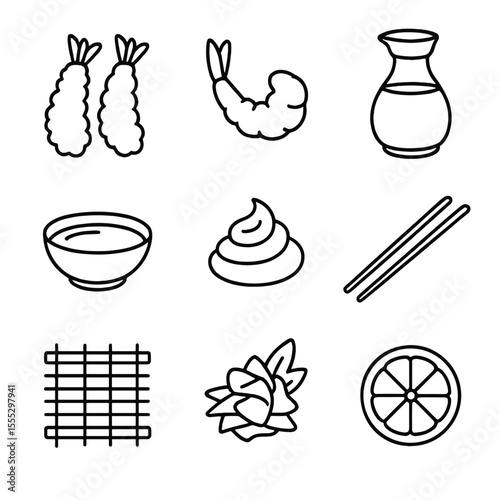 Tempura Platter Icons. Line style icons of Tempura Shrimp Platter: tempura shrimp, tail-up shrimp, dipping sauce bowl, soy sauce