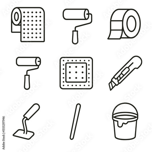 Basement Waterproofing Icons. Line style icons of Basement Waterproofing Membranes: membrane roll, primer roller, seam tape, lap
