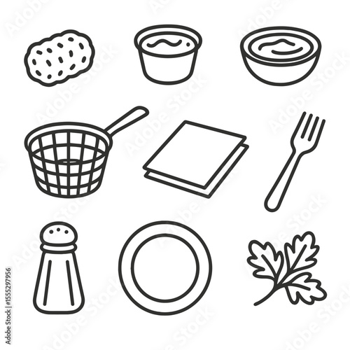 Tater Tot Icons. Line style icons of Tater Tots Serving: tater tot, ketchup cup, cheese sauce bowl, basket, napkin, fork, salt