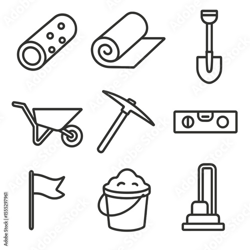 Drainage System Icons. Line style icons of Drain Tile & Weeping Systems: tile segment, geotextile sock, trench shovel, wheelbarrow