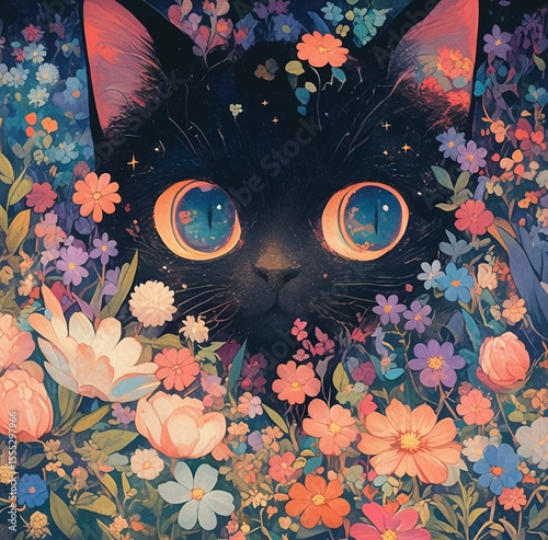 Blue-Eyed Black Cat in Embroidered Floral Garden with Stars, Colorful Detailed Illustration on Dark Background, Square Frame HD