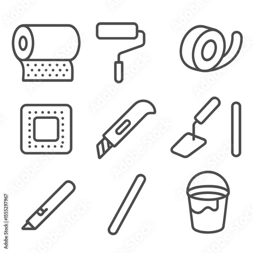 Basement Waterproofing Icons. Line style icons of Basement Waterproofing Membranes: membrane roll, primer roller, seam tape, lap