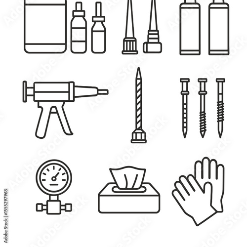 Injection Waterproofing Icons. Line style icons of Injection Waterproofing Methods: PU resin kit, injection nozzles, resin