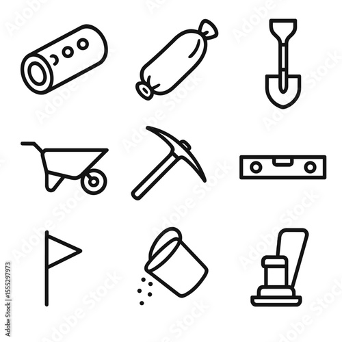 Drainage System Icons. Line style icons of Drain Tile & Weeping Systems: tile segment, geotextile sock, trench shovel, wheelbarrow