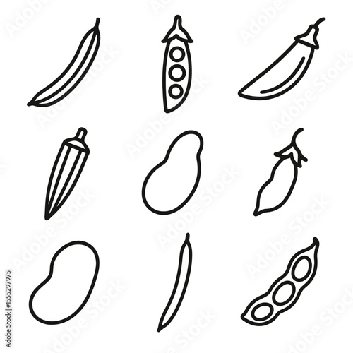 Legume & Pod Icons. Line style icons of Legumes & Pods: green bean, snow pea pod, sugar snap pea, okra, broad bean, chickpea pod,