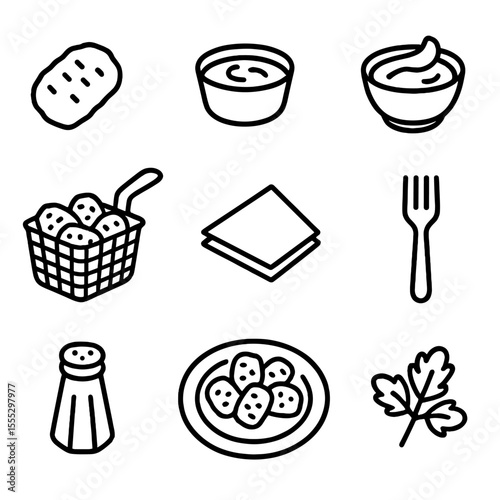 Tater Tot Icons. Line style icons of Tater Tots Serving: tater tot, ketchup cup, cheese sauce bowl, basket, napkin, fork, salt
