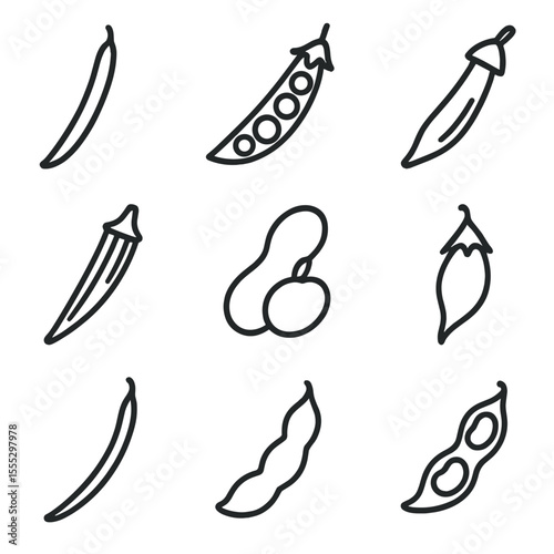 Legume & Pod Icons. Line style icons of Legumes & Pods: green bean, snow pea pod, sugar snap pea, okra, broad bean, chickpea pod,