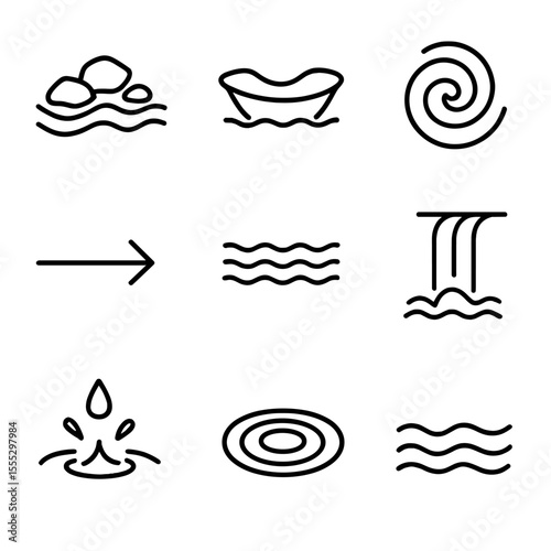 Flowing Water Features Icons. Line style icons of Flowing Water Features: riffle stones, pool depression, eddy swirl, current