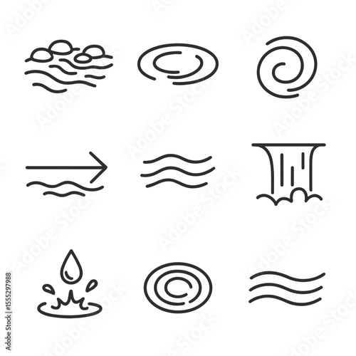 Flowing Water Features Icons. Line style icons of Flowing Water Features: riffle stones, pool depression, eddy swirl, current